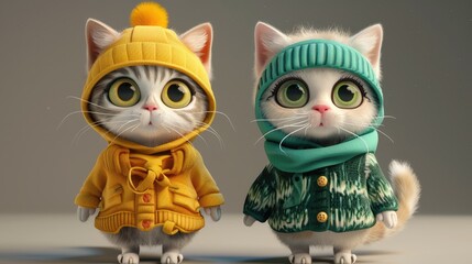 Wall Mural - Two adorable kittens dressed in colorful winter outfits, standing side by side against a soft gradient background