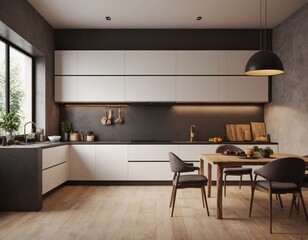 Modern Kitchen interior with empty blank wall for mockup template display. 3D Rendering