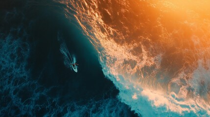 Wall Mural - A surfer riding a turquoise wave, with the golden sunset casting a glow on the water.