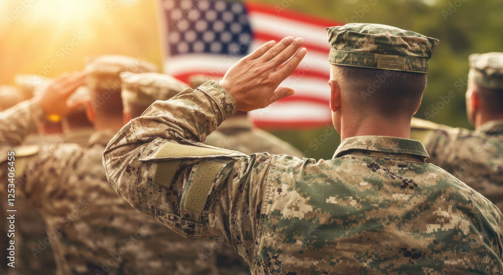 In the warmth of sunset, U S soldiers honor the American flag with a ...