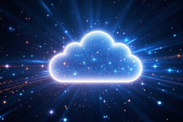 Glowing cloud with sparkling stars and light rays on a dark cosmic background.