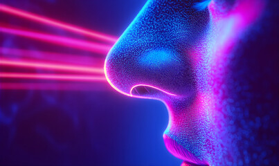 Poster - neon glowing face with energy waves going trough the skin. data waves.ai technologies penetrating in