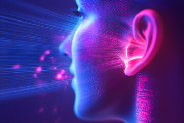 Wall Mural - neon glowing face with energy waves going trough the skin. data waves.ai technologies penetrating in