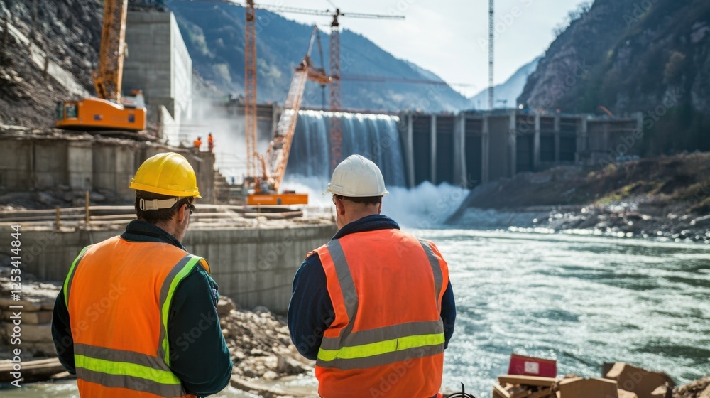 A hydroelectric dam construction site with engineers surveying the ...