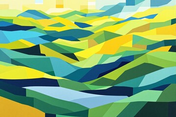Wall Mural - abstract geometric landscape in vibrant colors and shades of green, yellow, and blue.