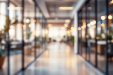 Wall Mural - Blurred office hallway with glass walls and warm lighting in modern workspace.