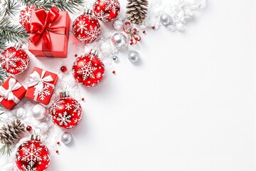 Wall Mural - Christmas decorations with red and white ornaments, gift boxes, pinecones, and branches on a white snow background.