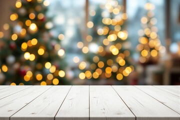 Wall Mural - Wooden table closeup with Christmas tree lights bokeh in the background.