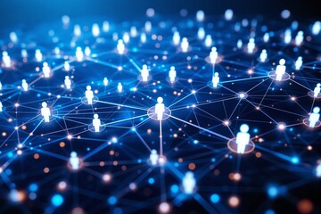Wall Mural - digital network of connected people with glowing nodes and lines on a dark blue background.