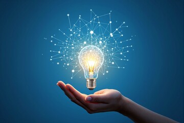 Wall Mural - a glowing light bulb surrounded by a network of connections held in an open hand.