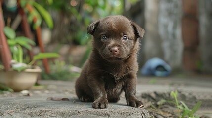 Canvas Print - Adorable brown puppy sitting on a stone path in a lush garden, surrounded by greenery and soft sunlight