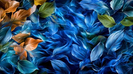 Poster - Gentle breeze movement of colorful leaves nature scene digital art tranquil environment close-up view flowing patterns