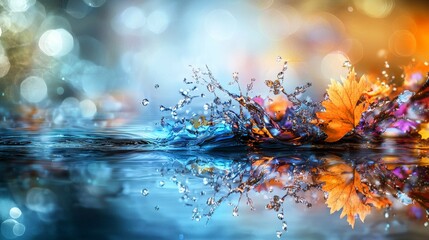 Poster - Dynamic water splash with colorful flowers nature scene abstract reflection tranquil environment close-up view visual concept