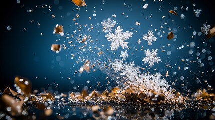 Poster - Abstract nature close-up of snowflakes dancing amidst fallen leaves in a captivating minimalist design