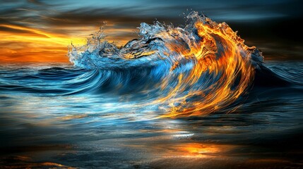 Poster - Dynamic ocean waves at sunset coastal view abstract art serene environment artistic perspective natural beauty