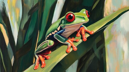 Sticker - Vibrant Red-Eyed Tree Frog on Lush Green Leaf