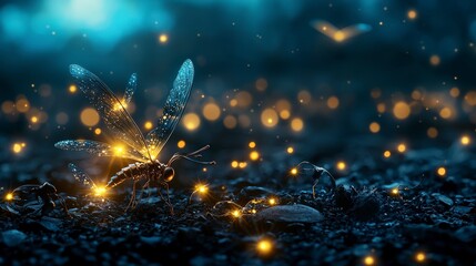 Fototapete - Dazzling light points emulating fireflies night forest nature scene enchanted environment close-up view magical concept