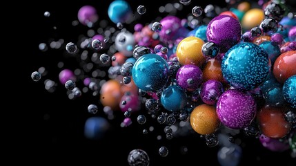 Poster - Colorful evolving dots in a dynamic flow abstract art digital creation dark background close-up perspective