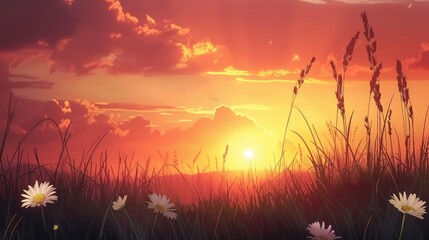 Canvas Print - Serene sunset over a field of wildflowers, casting warm hues across the sky, with gentle clouds in the distance