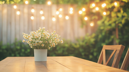 Potted daisies on outdoor wooden table with glowing string lights and green foliage garden evening atmosphere