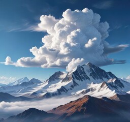 Wall Mural - A stunning blue sky with a majestic white cloud formation against the backdrop of a distant mountain range, beauty, majesty
