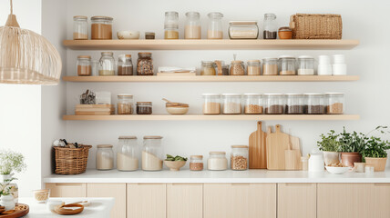 Wall Mural - modern kitchen shelf filled with various jars, containers, and plants, showcasing organized ingredients and warm, inviting atmosphere