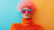 © chiriku - Fashion model, vibrant colors, oversized sunglasses, fluffy pink hair, orange faux fur sweater, trendy style,  bold look.