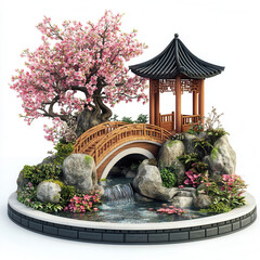 Wall Mural - serene garden scene featuring wooden bridge, gazebo, and cherry blossom tree. tranquil water flows gently over rocks, surrounded by vibrant flowers and lush greenery