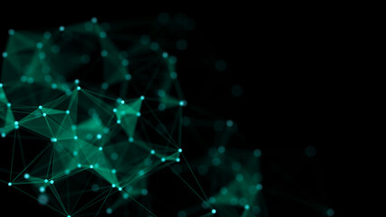 Green abstract background with connection lines, dots and triangles. Technology network connection. Digital structure of particles. 3D rendering.