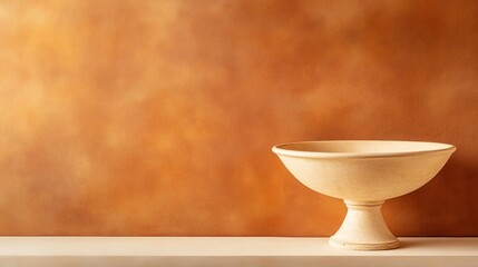 Wall Mural - Elegant ceramic bowl on a minimalist shelf against a warm, textured orange wall, creating a serene atmosphere