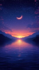 moon, calm harmonious background for chat with space, purple blue sky with stars and green night nature with mountains