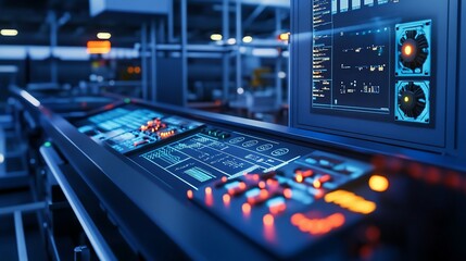 Futuristic Control Panel with Illuminated Buttons and Screen in Industrial Setting
