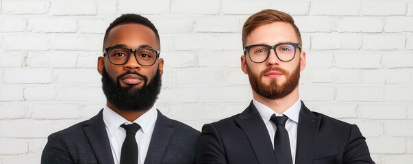 Career Advice style. Two well-dressed men with glasses posing confidently against a white brick wall.