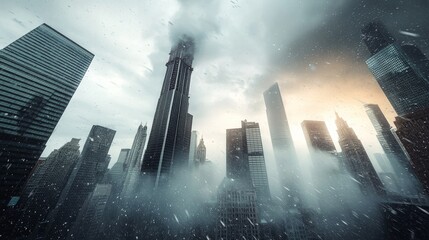 Wall Mural - A dramatic cityscape shrouded in mist, showcasing towering skyscrapers under a moody sky, evoking a sense of mystery and urban atmosphere.