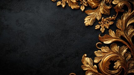 Black background with intricate gold leaves and scrolls forming an elegant filigree pattern