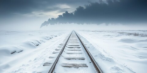 Wall Mural - A snow-covered railway track stretches into a misty horizon, with dark clouds looming in the distance, evoking a sense of isolation and tranquility.