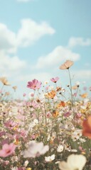 Wall Mural - pastel flowers field, sunny day, beautiful sky, perfect for social media