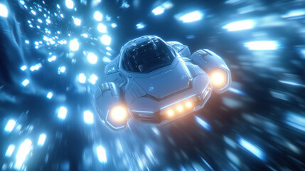 Aufkleber - spacecraft gliding through vibrant field of glowing particles, creating sense of speed and adventure. futuristic design and bright lights enhance thrilling atmosphere