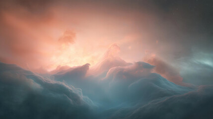 Poster - spacecraft navigating through field of colorful clouds and light, creating surreal atmosphere. scene evokes sense of wonder and exploration
