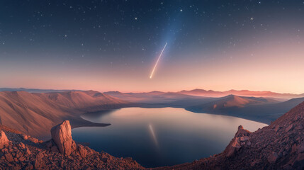 Wall Mural - stunning view of comet streaking through starry sky over tranquil lake, surrounded by mountains and serene landscape at dusk