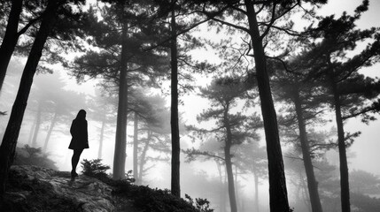 Poster - Solitude in a Misty Forest: A Black and White Photography