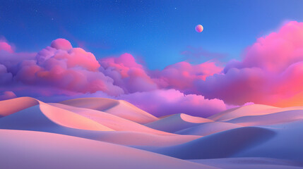 Poster - vibrant cosmic landscape features soft pink clouds and rolling sand dunes under starry sky, evoking sense of tranquility and wonder