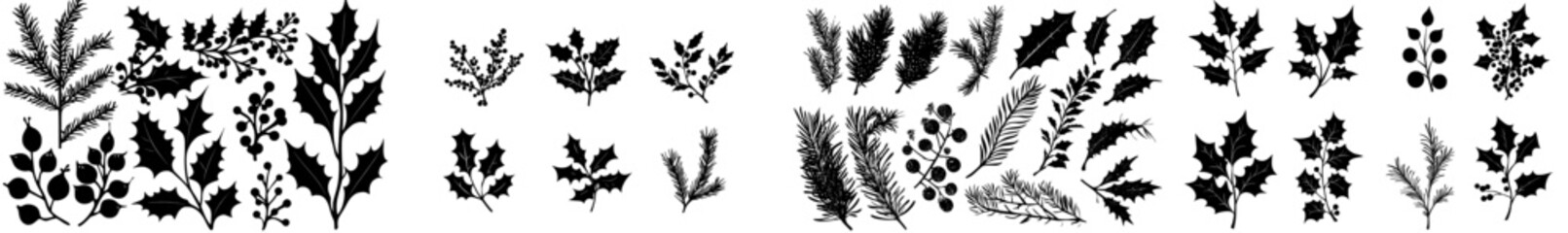 Modern Christmas plants, holly berries, and a Christmas tree adorned with mistletoe, pines, and berries, featuring branches with leaves. These elements serve as holiday decorations and winter
