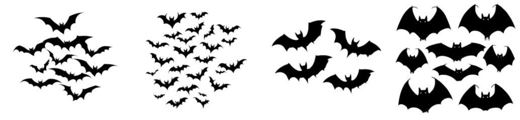 Modernly isolated several flying bats in various poses with a colorless black and white outline silhouette shadow shape
