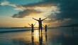 © Andrii - Father And His Kids Enjoy A Carefree Day At The Beach During Sunset, Creating A Beautiful Silhouette Against The Horizon.