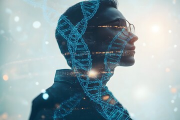 Aufkleber - Human Silhouette with DNA Structure Overlay in Soft Focus Background