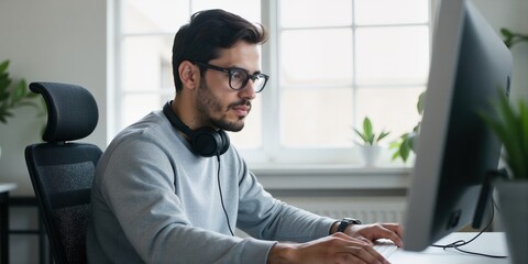 Adult Hispanic man coding at computer in modern office, Software Engineer