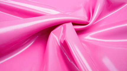 Glossy bright pink fabric with smooth and shiny texture, folded and gathered in soft curves, creating vibrant and dynamic visual effect