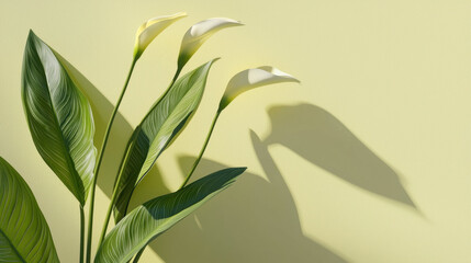 Wall Mural - Elegant white calla lilies with lush green leaves casting soft shadows on pastel yellow background, creating serene and minimalist botanical composition