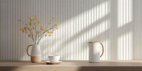 Poster - minimalist arrangement of ceramic vases, cup, and saucer on wooden surface, with sunlight casting soft shadows on textured white wall, creating serene and warm atmosphere